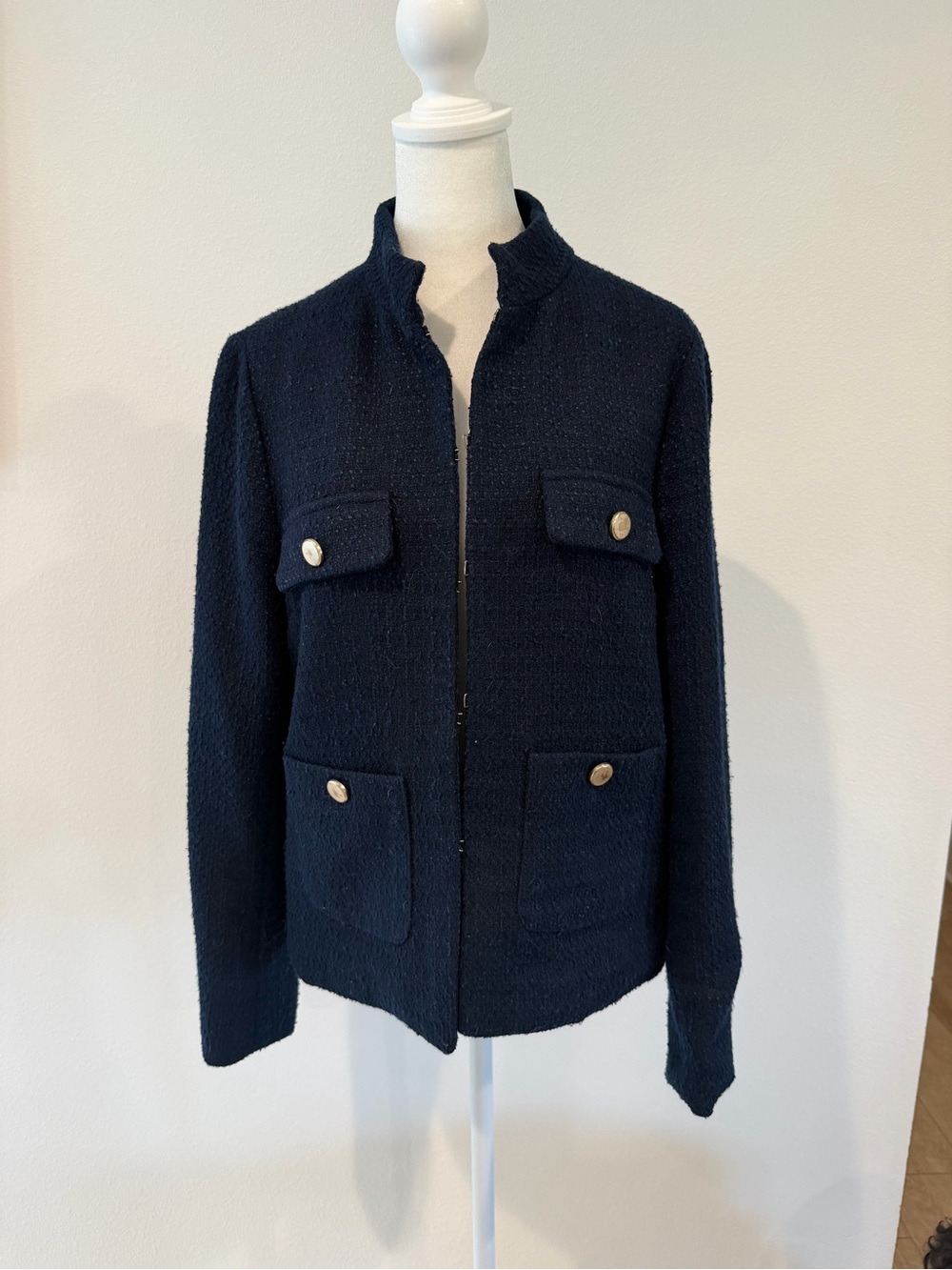 Black Tape_ Navy Bouclé Jacket with Four Flap Pockets